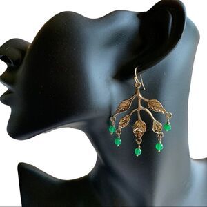ANTIQUE Gold Tone Dangle Pierced Earrings Tree Branches with Green Beads